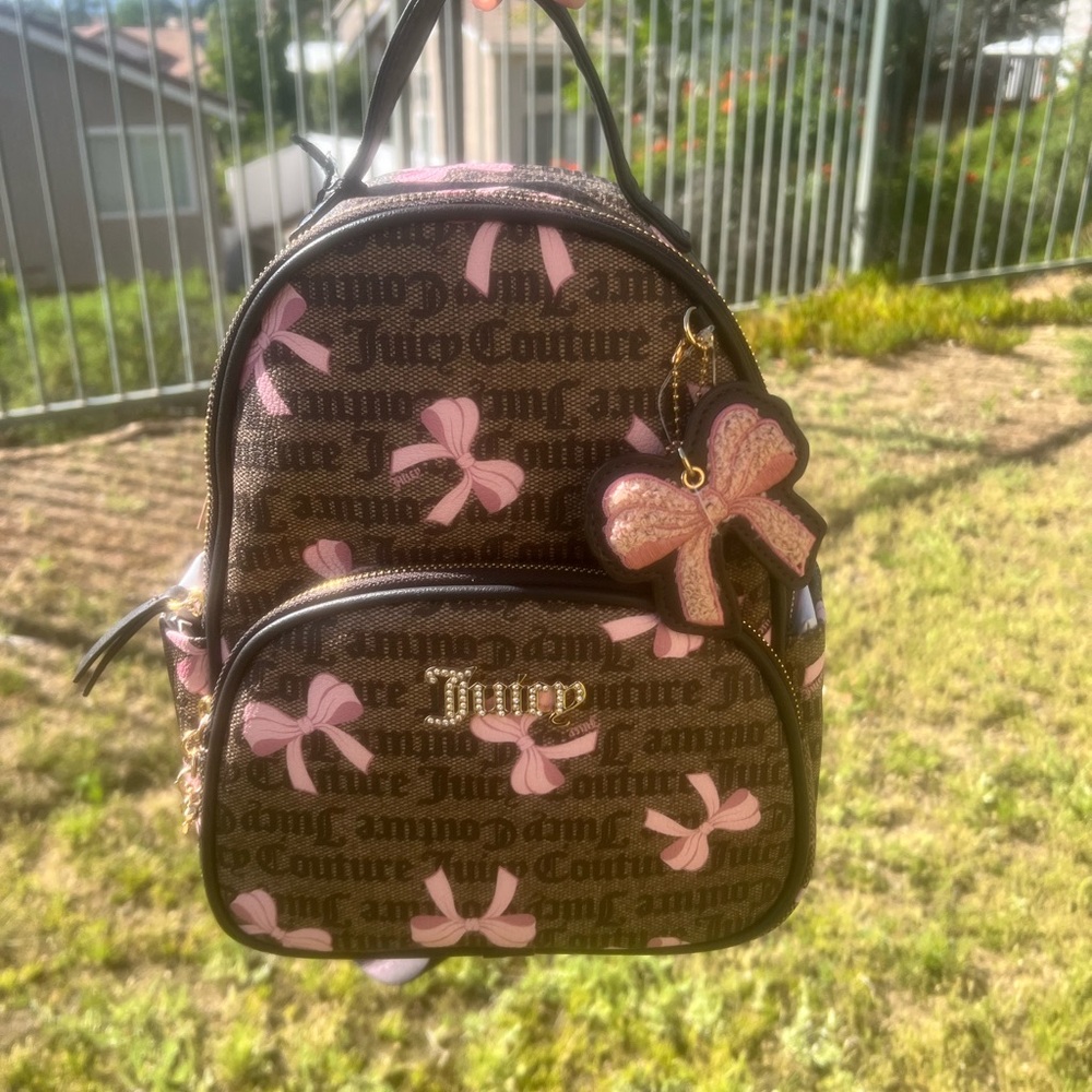 Juicy Couture Dark Brown Mini Backpack with Pink Bow Accents